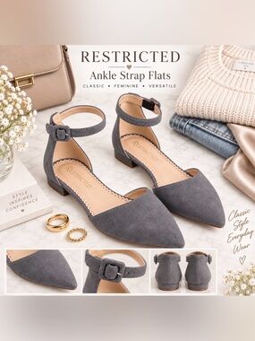 Restricted La Brea Grey Pointed Toe Ankle Strap Flats Size 7.5